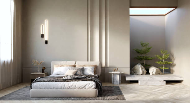 istock 3d rendering,3d illustration, Interior Scene and  Mockup,Modern style hotel bedroom with garden inside add natural atmosphere. 1402804489