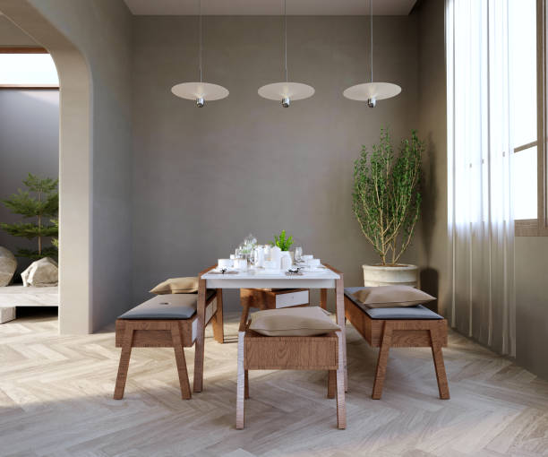 istock 3d rendering,3d illustration, Interior Scene and  Mockup,Dining room dark wood table, dining chairs with drawers and gray cushions. 1402804504