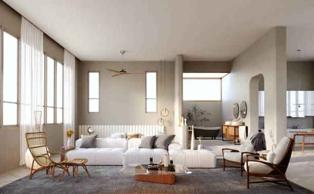 istock 3d rendering,3d illustration, Interior Scene and  Mockup,Modern style living area, loft style plaster wall, white sofa, dark wood armchair, center table, wooden legs, glass top. 1402804529