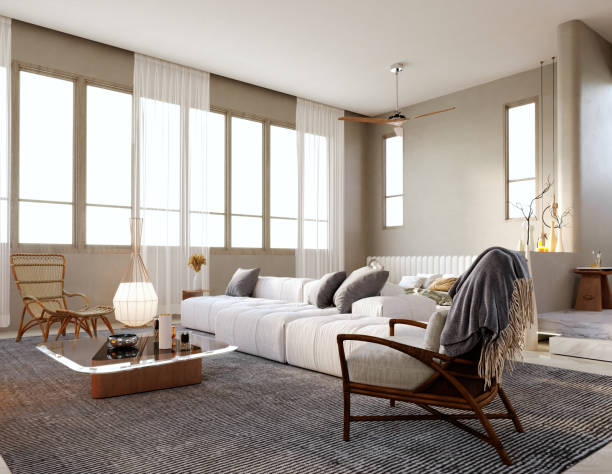 istock 3d rendering,3d illustration, Interior Scene and  Mockup,Modern style living area, loft style plaster wall, white sofa, dark wood armchair. 1402804539