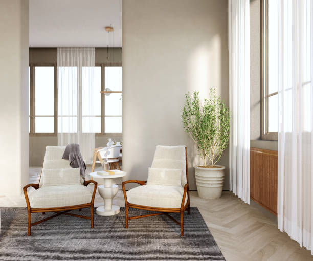 istock 3d rendering,3d illustration, Interior Scene and  Mockup,Two white corner armchairs, wooden legs and a weave pattern on the back of a white stone side table, dark gray carpet. 1402804549