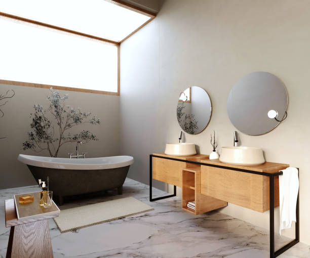 istock 3d rendering,3d illustration, Interior Scene and  Mockup,Modern style bathroom, black bathtub, stone pattern, two-position washbasin decorated with natural-colored wood. 1402804553
