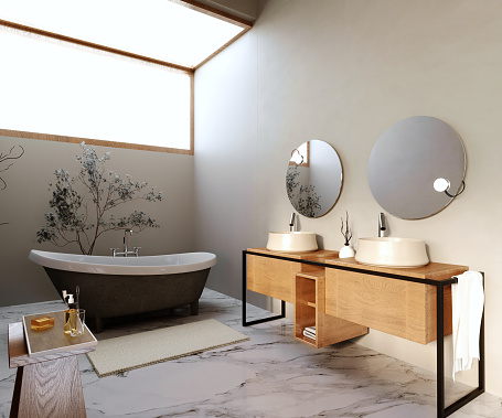 3d rendering,3d illustration, Interior Scene and  Mockup,Modern style bathroom, black bathtub, stone pattern, two-position washbasin decorated with natural-colored wood.
