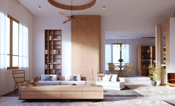 istock 3d rendering,3d illustration, Interior Scene and  Mockup,Modern-style living room decorated with wood and built-in wooden bookshelves, drop ceiling, round wall with wooden fan. 1402804567