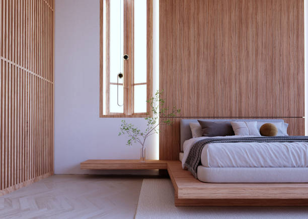 istock 3d rendering,3d illustration, Interior Scene and  Mockup,Modern style bedroom decorated with wooden headboard, double wall decorated with warm white lights, bedside tables and built-in bed. 1402804572