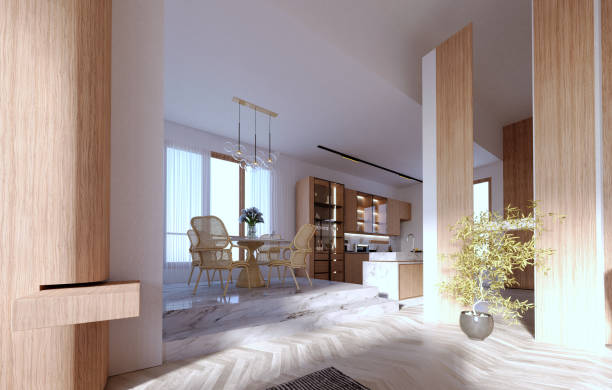 istock 3d rendering,3d illustration, Interior Scene and  Mockup,Dining area with marble floors, wooden legs and chairs, bamboo table, views overlooking the kitchen. 1402804576