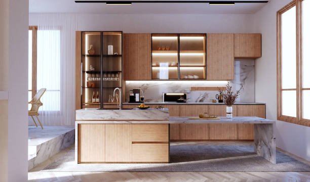 istock 3d rendering,3d illustration, Interior Scene and  Mockup,Modern style kitchen, kitchen counter and island, wood grain material and white marble, partially decorated with glass front. 1402804582