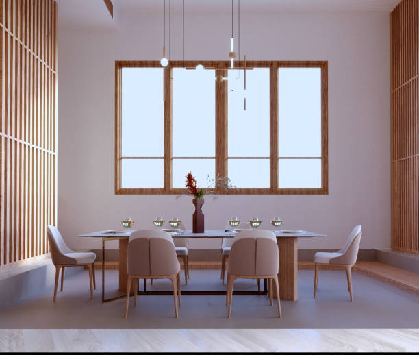 istock 3d rendering,3d illustration, Interior Scene and  Mockup,Dining area, drop-step flooring, terrazzo floor, modern style, most of the materials are wood and white marble. 1402804601