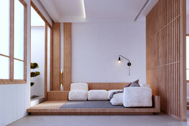 istock 3d rendering,3d illustration, Interior Scene and  Mockup,In the leather part, playing on the L-shaped sofa, at the end of the wooden step, and playing the step on the wall decorated with lights. 1402804606