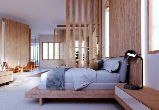 istock 3d rendering,3d illustration, Interior Scene and  Mockup,Modern style bedroom decorated with wooden headboard, double wall decorated with warm white lights, bedside tables and built-in bed. 1402804607