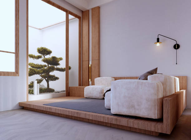 istock 3d rendering,3d illustration, Interior Scene and  Mockup,In the leather part, playing an L-shaped sofa at the end of the wooden step seating area overlooking the garden. 1402804616