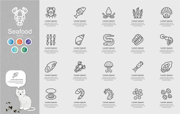 infografik zum inhalt der seafood line icons - weichtier stock-grafiken, -clipart, -cartoons und -symbole