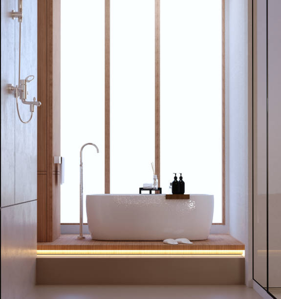 3d rendering,3d illustration, Interior Scene and  Mockup,Modern style high ceiling bathroom, polished beige stone bathtub, stepped floor decorated with warm white lights.