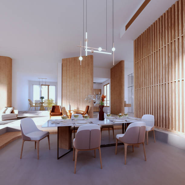 istock 3d rendering,3d illustration, Interior Scene and  Mockup,The dining area has a modern drop-step floor, most of the materials are wood and white marble. 1402804631