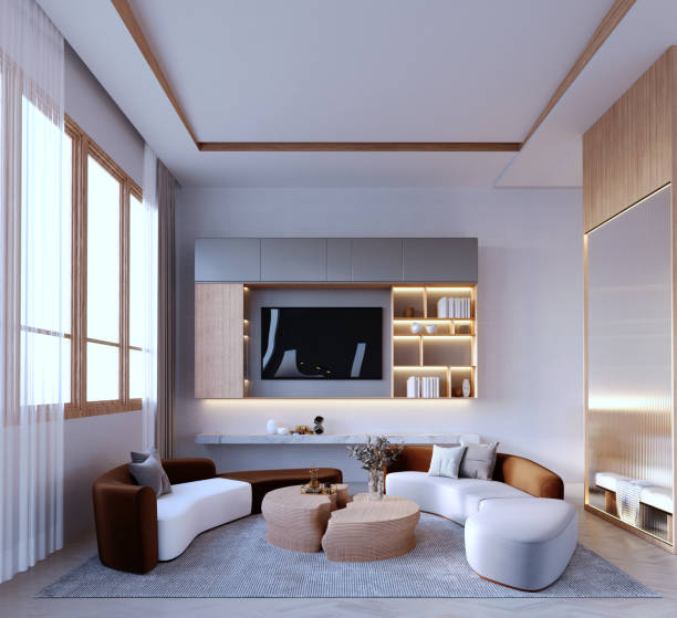 istock 3d rendering,3d illustration, Interior Scene and  Mockup,Living room, curved sofa, circular plan, glass partition wall, wooden edge. 1402804679