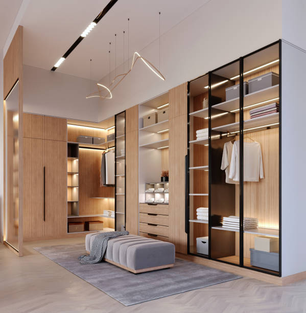 istock 3d rendering,3d illustration, Interior Scene and  Mockup,Modern style walk-in closet, large L-shaped wardrobe decorated with wooden ceiling lamps. 1402804701