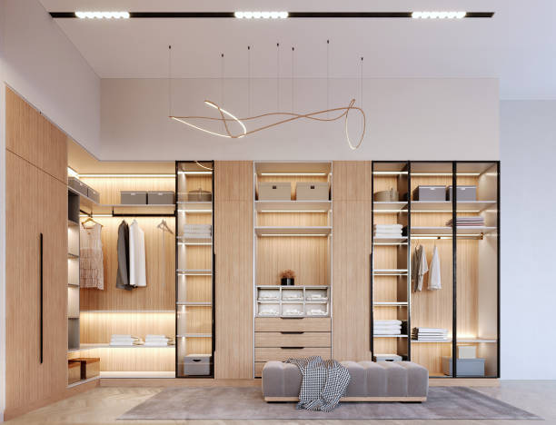 istock 3d rendering,3d illustration, Interior Scene and  Mockup,Modern style walk-in closet, light-colored wood material, decorated with warm-white lights. 1402804702