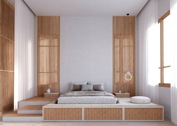 istock 3d rendering,3d illustration, Interior Scene and  Mockup,The bedroom has raised window steps on the head of the bed, shaded by wooden slats. 1402804707