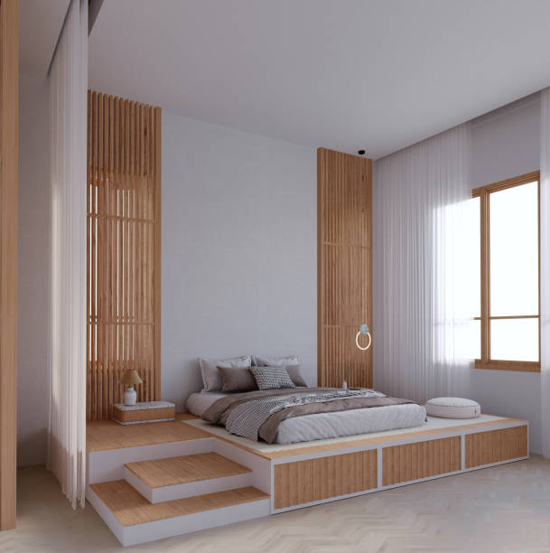 istock 3d rendering,3d illustration, Interior Scene and  Mockup,Bedroom with step ladder decorated with wood and white color with storage shelf under the mattress. 1402804709