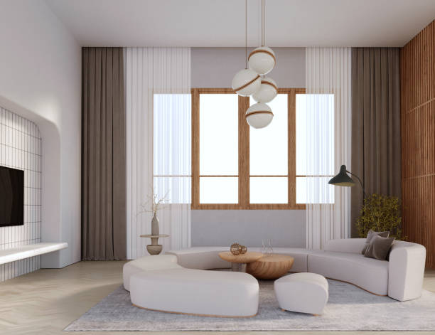 istock 3d rendering,3d illustration, Interior Scene and  Mockup,Living room with curved sofas overlooking the two walls decorated with wood and white tiles. 1402804721