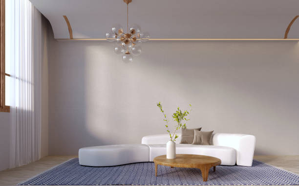 istock 3d rendering,3d illustration, Interior Scene and  Mockup,large white curved sofa linkswith a round center table made of wood. 1402804724