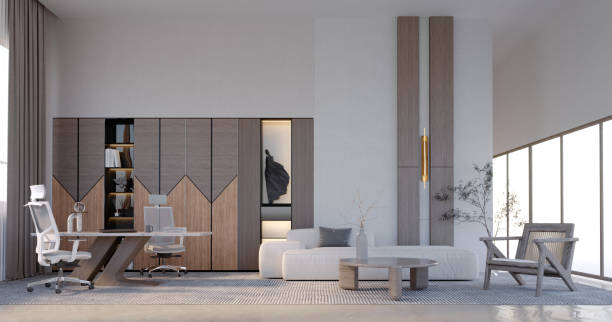 istock 3d rendering,3d illustration, Interior Scene and  Mockup,Study room and living room in modern style with wooden cabinets in alternate colors with white walls. 1402804730