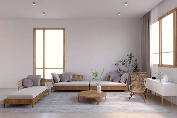 istock 3d rendering,3d illustration, Interior Scene and Frame mockup,Modern tropical living room with white walls, three daybeds. 1402804736