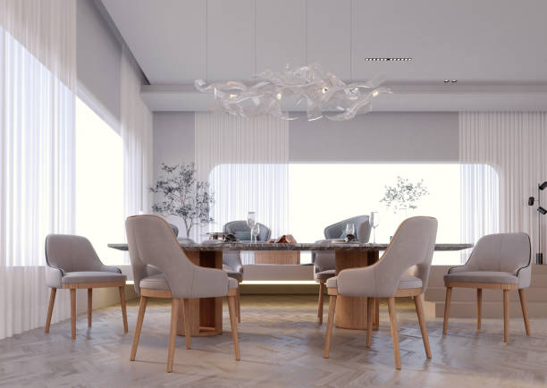 istock 3d rendering,3d illustration, Interior Scene and Frame mockup,Dining corner in modern minimalist style, white fabric and glass ceiling lamp. 1402804751