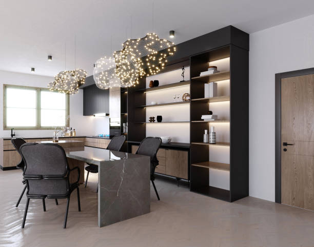 istock 3d rendering,3d illustration, Interior Scene and Frame mockup,kitchen side view black velvet upholstered dining chair. 1402804787