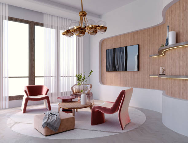 istock 3d rendering,3d illustration, Interior Scene and Frame mockup,The living room is decorated with wooden wall decorations. 1402804798
