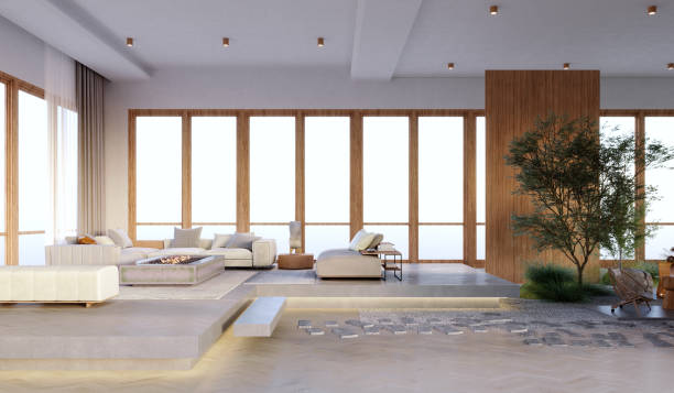 istock 3d rendering,3d illustration, Interior Scene and Frame mockup,The living room raises the floor, hides the warm-white lighting and the interior garden. 1402804894