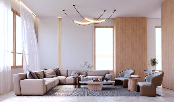 istock 3d rendering,3d illustration, Interior Scene and  Mockup,Modern living room with large L-shaped sofa in light brown color. 1402804935