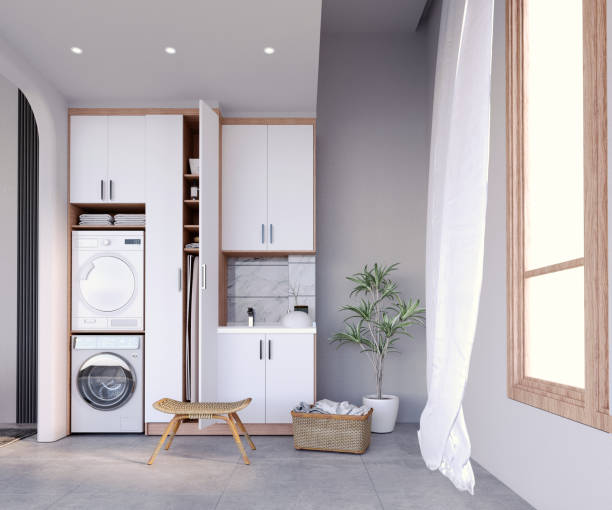 istock 3d rendering,3d illustration, Interior Scene and  Mockup,Modern minimalist style laundry room with white and gray walls. 1402804954