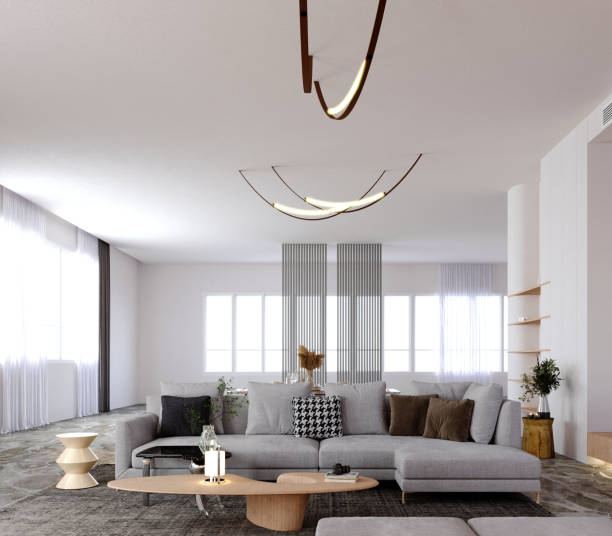istock 3d rendering,3d illustration, Interior Scene and  Mockup,Living room with large L-shaped sofa in light gray, modern style. 1402804985