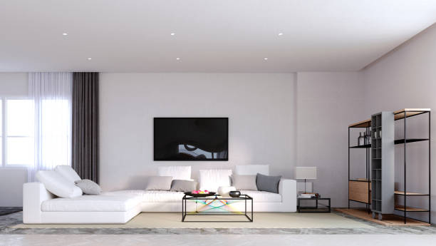 istock 3d rendering,3d illustration, Interior Scene and  Mockup,Modern living room features a black aluminum center table with seven color reflective lines. 1402804999