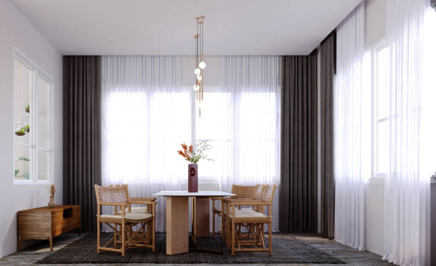 istock 3d rendering,3d illustration, Interior Scene and  Mockup,Tropical minimalist style dining room, handcrafted rattan chairs. 1402805000