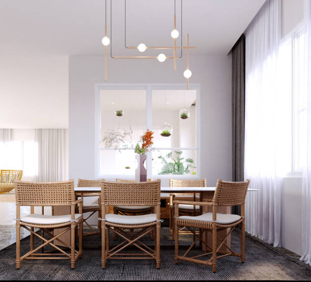istock 3d rendering,3d illustration, Interior Scene and  Mockup,Tropical minimalist style dining room, handcrafted rattan chairs. 1402805002