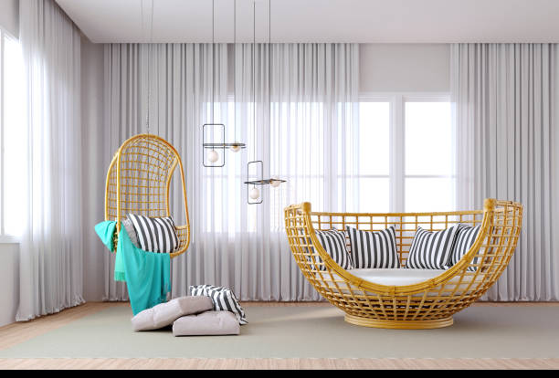 istock 3d rendering,3d illustration, Interior Scene and  Mockup,Relaxing corner, handcrafted ceiling chair and handcrafted sofa made of painted bamboo material. 1402805003