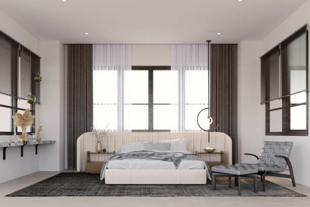 istock 3d rendering,3d illustration, Interior Scene and  Mockup,Modern luxury hotel bedroom in black and white tones. 1402805012