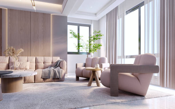 istock 3d rendering,3d illustration, Interior Scene and  Mockup,Modern minimalist style living room with white walls and wood Modern minimalist armchair sitting corner. 1402805295