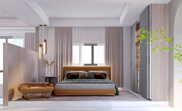istock 3d rendering,3d illustration, Interior Scene and  Mockup,Modern style bedroom, luxury, brown tone, white wall. 1402805298