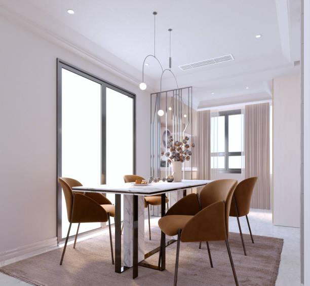 istock 3d rendering,3d illustration, Interior Scene and  Mockup,Modern Style Dining Room Chairs Colored Seats Marble Table. 1402805315