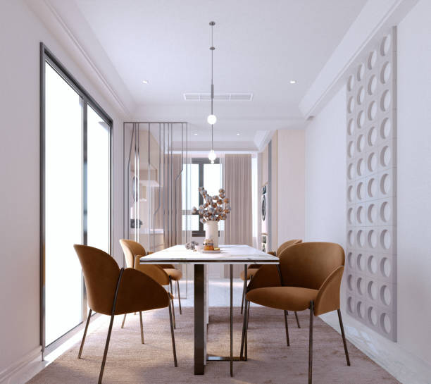 istock 3d rendering,3d illustration, Interior Scene and  Mockup,Modern Style Dining Room Chairs Colored Seats Marble Table. 1402805321