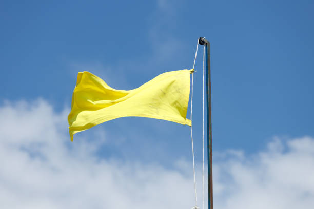 istock yellow flag against the sky with clouds. rescue post on the beach 1402805449