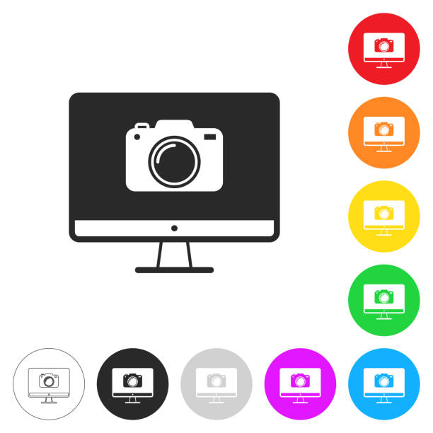 ilustrações de stock, clip art, desenhos animados e ícones de desktop computer with camera. icon on colorful buttons - conference call flash