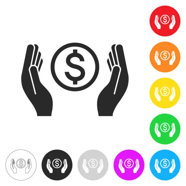 Vector illustration of Dollar coin between hands. Icon on colorful buttons