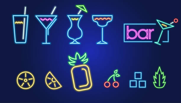 бар неоновые светящиеся иконки и символы - martini cocktail martini glass glass stock illustrations