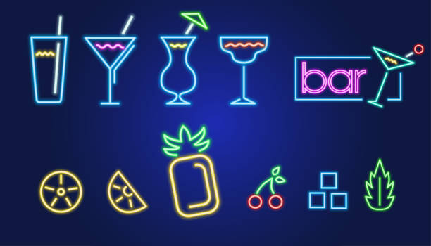 Bar neon glowing icons and symbols Set of bar neon glowing icons and symbols. glow stick stock illustrations