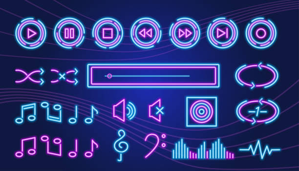 Neon music icons and symbols Collection of music icons and symbols with neon effect. replay stock illustrations