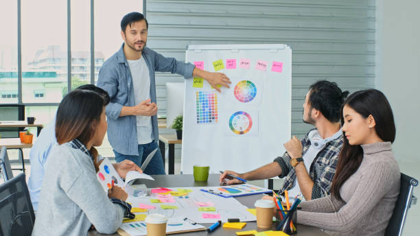 istock Creative meeting team brainstorm strategy plan for small business startup, Man professional leader discuss with coworker for decision at modern co working space, business partner corporate company 1402811194